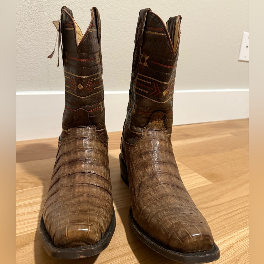 NWT Roper Brown Cowboy Western Boots with Caiman and Leather